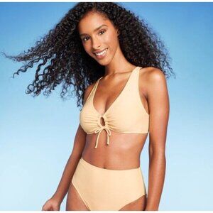 SHADE & SHORE BIKINI TOP YELLOW SHIMMER KEYHOLE TRIANGLE WOMEN'S SWIM SUIT NWT